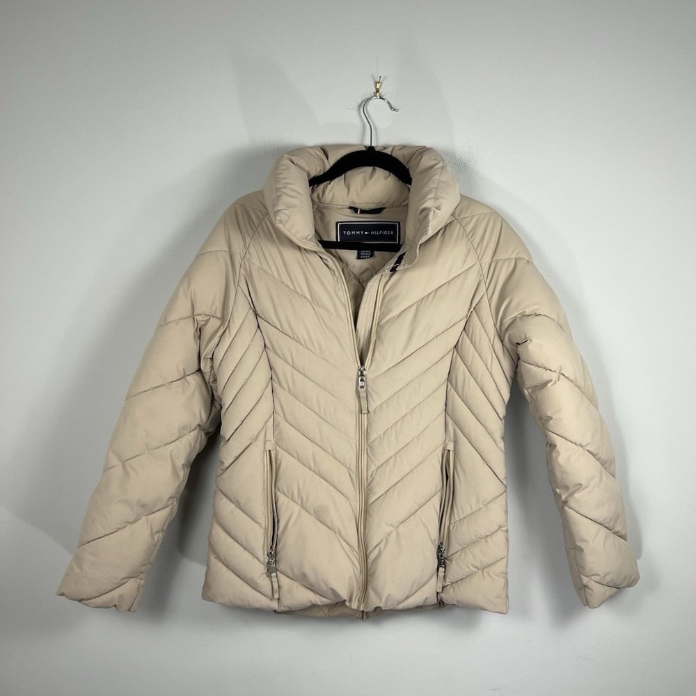 Tommy Hilfiger‎ Women's Beige Quilted Puffer Jacket Small Zip Coat Missing Hood